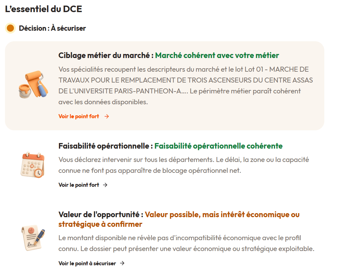 Analyse d'opportunité et critères DCE sur une page d'appel d'offres