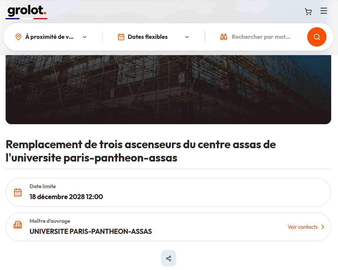 Page d'appel d'offres avec informations clés et métrés