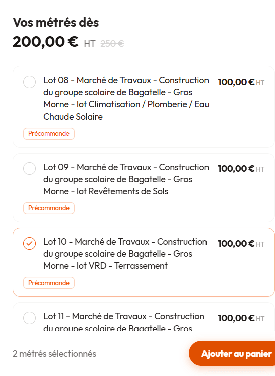 Bloc métrés disponible et précommandes sur une page d'appel d'offres