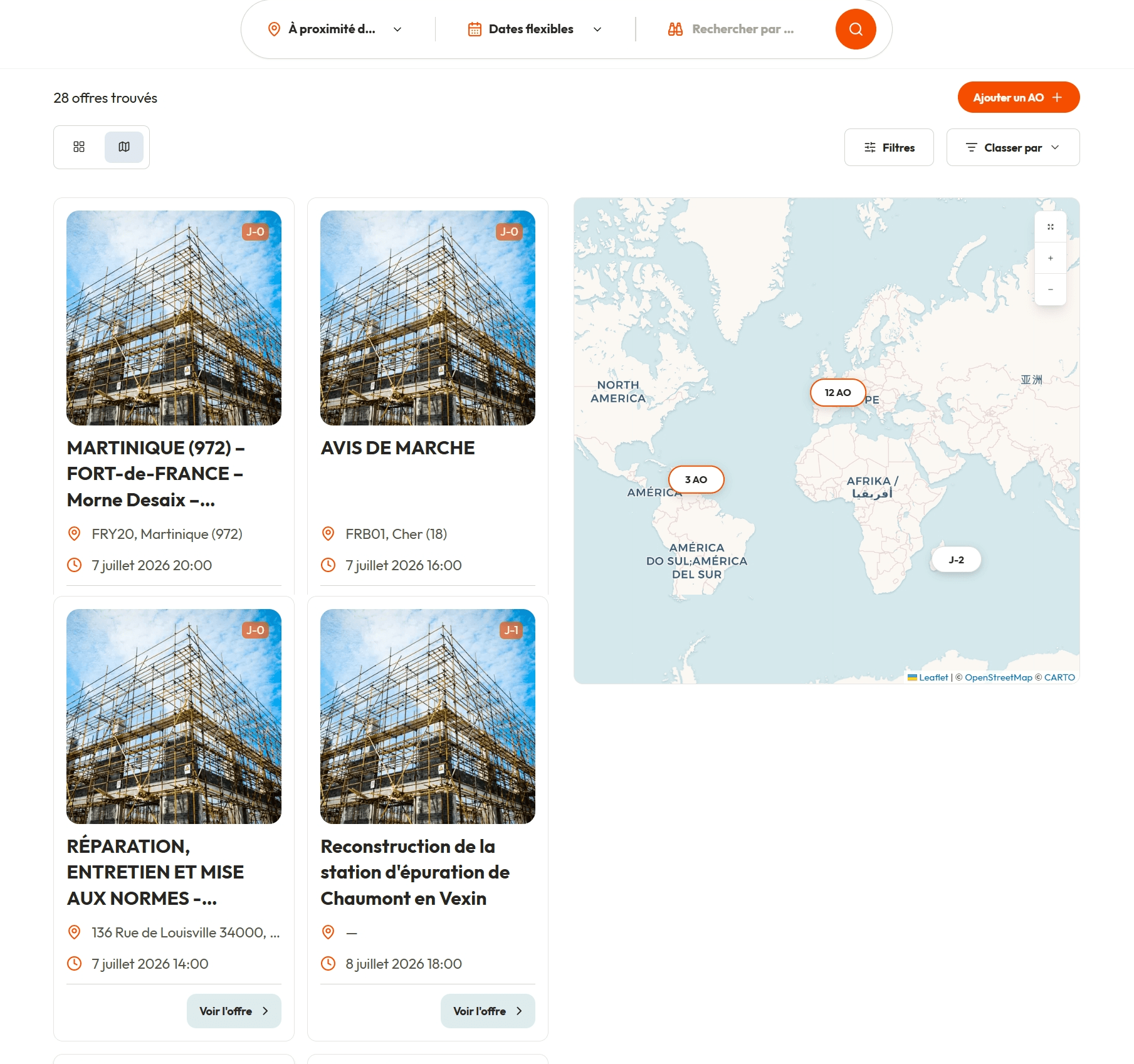 Recherche d'appels d'offres avec filtres et carte